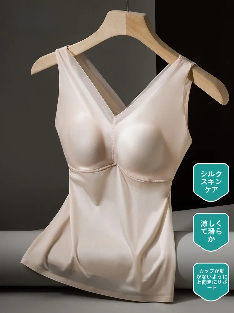 夏用レディースベスト-胸パッド付き-ストラップレス-美背-薄手インナー-大きいサイズ-下着-タンクトップ-アイスシルク-ベースレイヤー