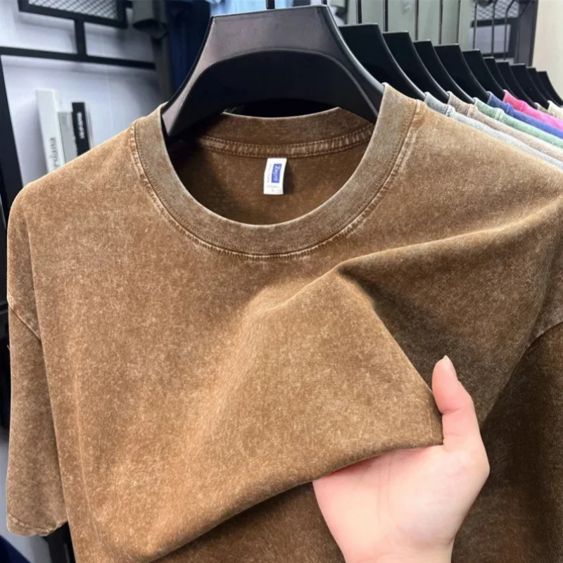 Summer Men's Washed T-Shirts  Heavy Cotton Vintage Faded Color Oversized Unisex Basic Tee Short Sleeve Loose Workout Tops