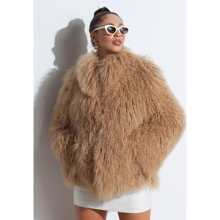 Genuine Mongolian Fur Coats Natural Sheep Fur Coat With Turndown Collar Brown Real Fur Jackets Winter Coats For Women