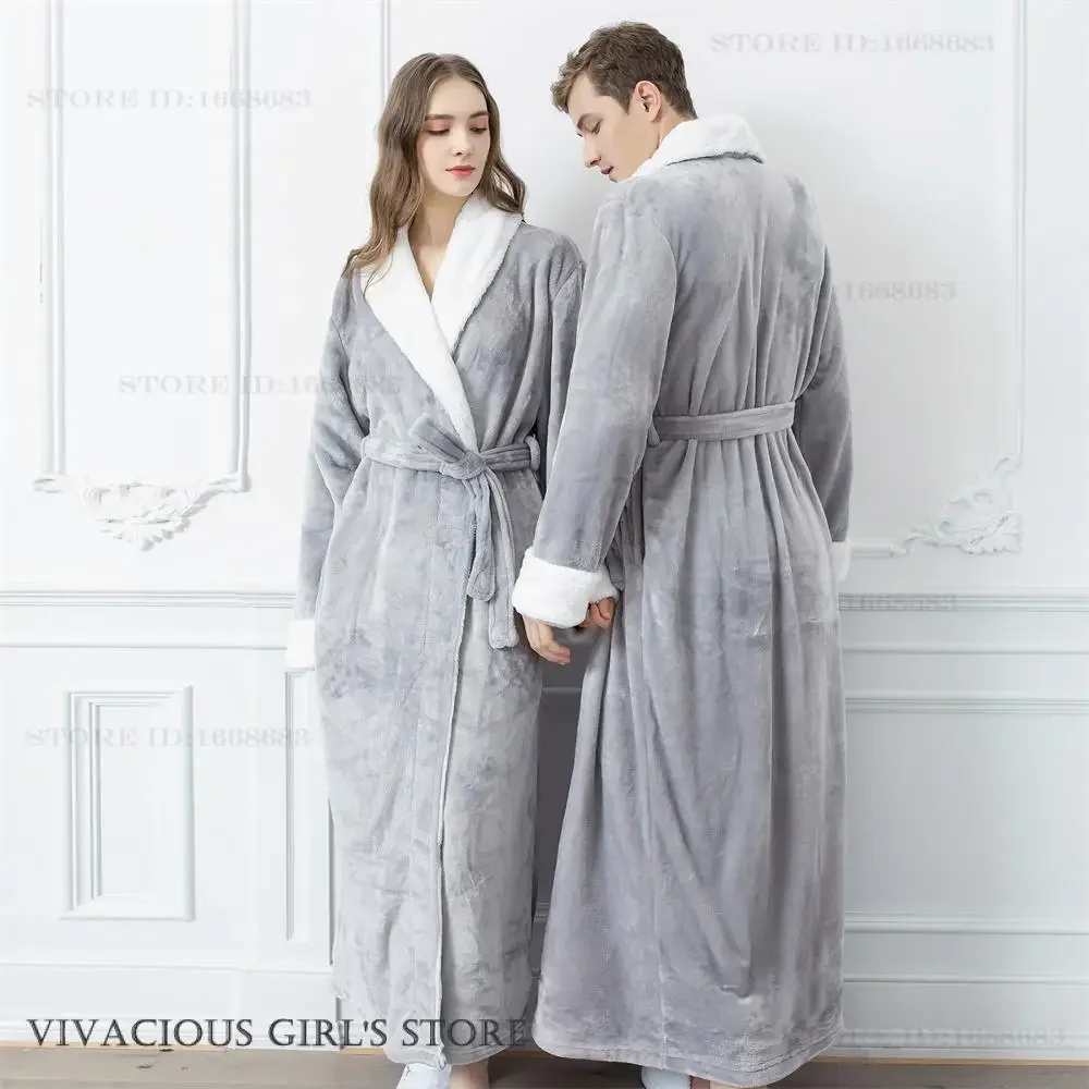 

Gray Flannel Long Robe Bathrobe Kimono Gown Autumn Winter New Couple Sleepwear Home Clothes Loose Casual Coral Fleece Loungewear