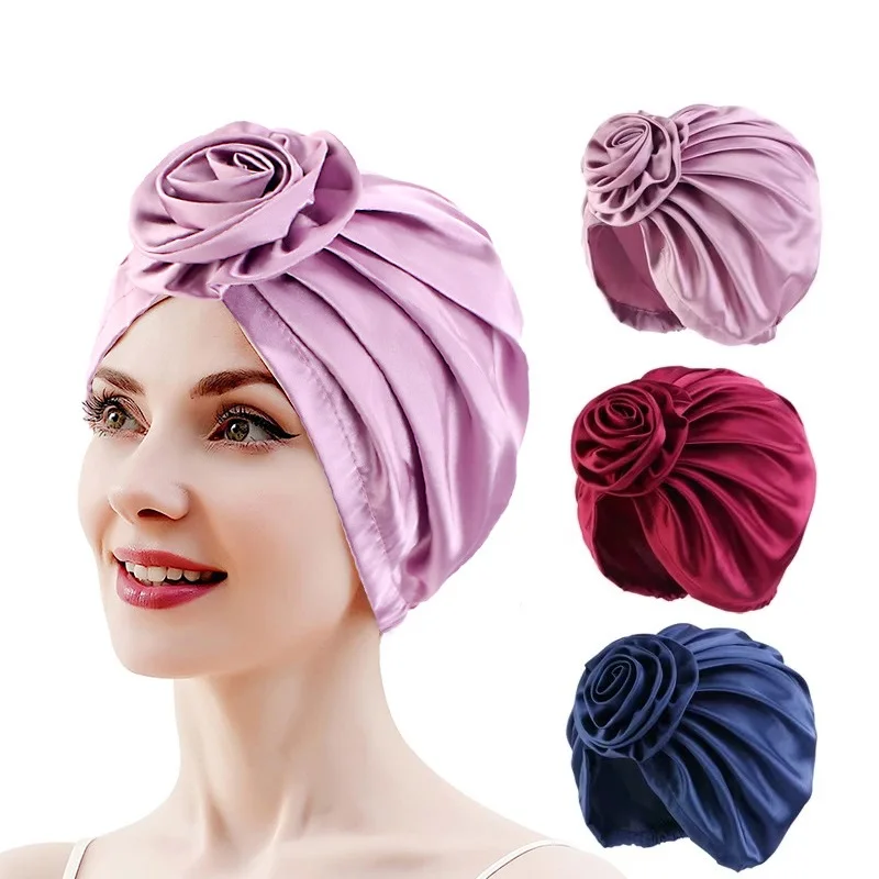 Silky flower Turban Hat Fashion Female satin Bandana Headband Women\'s Hair Cover Cap Ladies Head Wraps Muslim Headscarf Bonnet