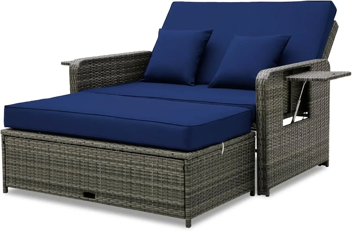 Patio rotan ligbedset, rieten loveseat bank met multifunctionele poef en intrekbaar zijblad, inclusief zit- en rugkussen