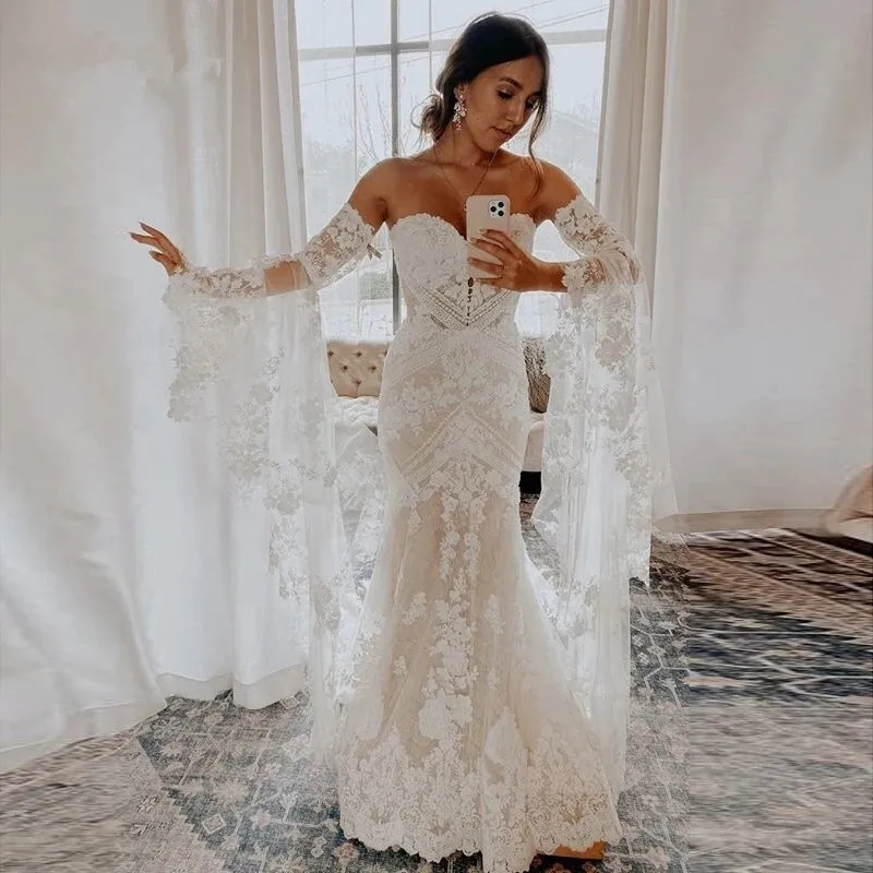 

Boho Beach Mermaid Wedding Dresses Retro Crochet Lace Appliques Detachable Sleeves Bohemian Bridal Gowns Vestido Novia Sirena