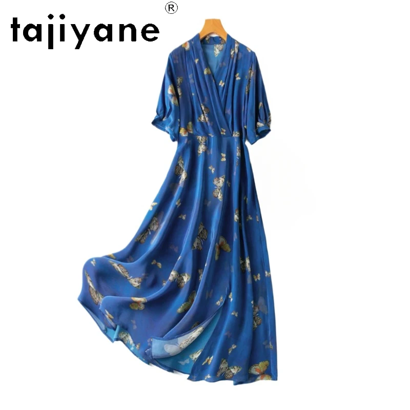 

TAJIYANE 100% Mulberry Silk Long Dresses for Woman Luxury V Neck Blue Dress Summer Printed Frocks Women Clothing 2025 Vestidos
