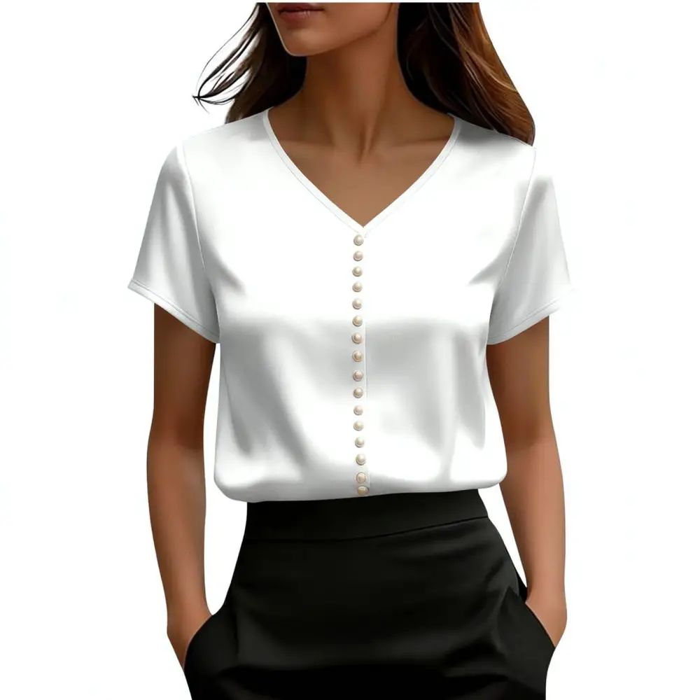 Summer Satin Short Sleeve Blouse Women Pearl Neck Fashion Elegant Casual Streetwear Loose Breathable Soft Female T Shirt Tops