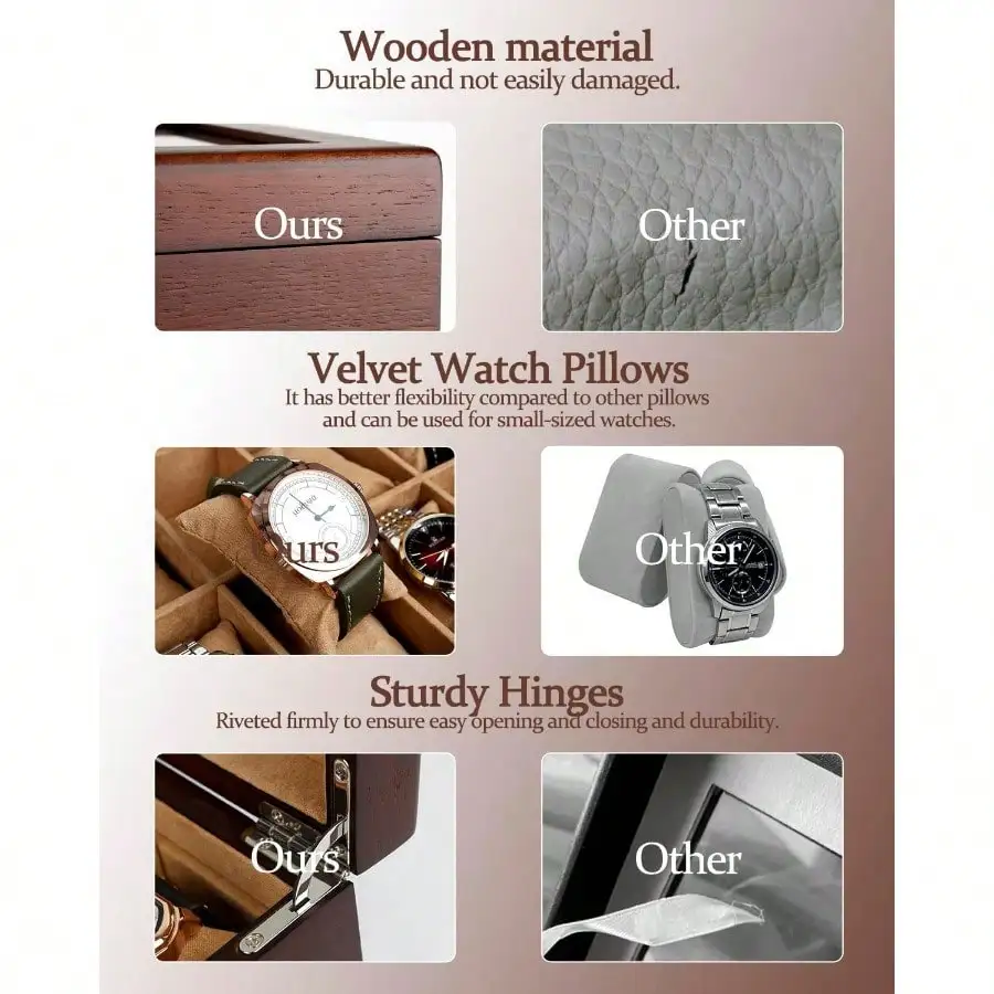 New Watch Box 10 Slot Watch Case With Real Glass Lid Wood Watch Display Case With Cloth Watch Pillow Watch Storage Box For Men And Women Brown view 5