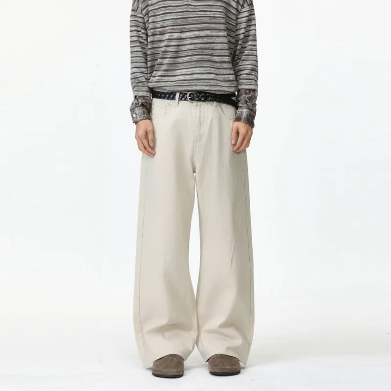 QICHE 2026 Men Korean Style Solid Classic Wide Leg Straight Jeans Pure Cotton Simple All‑Match Trendy Casual Denim Trousers