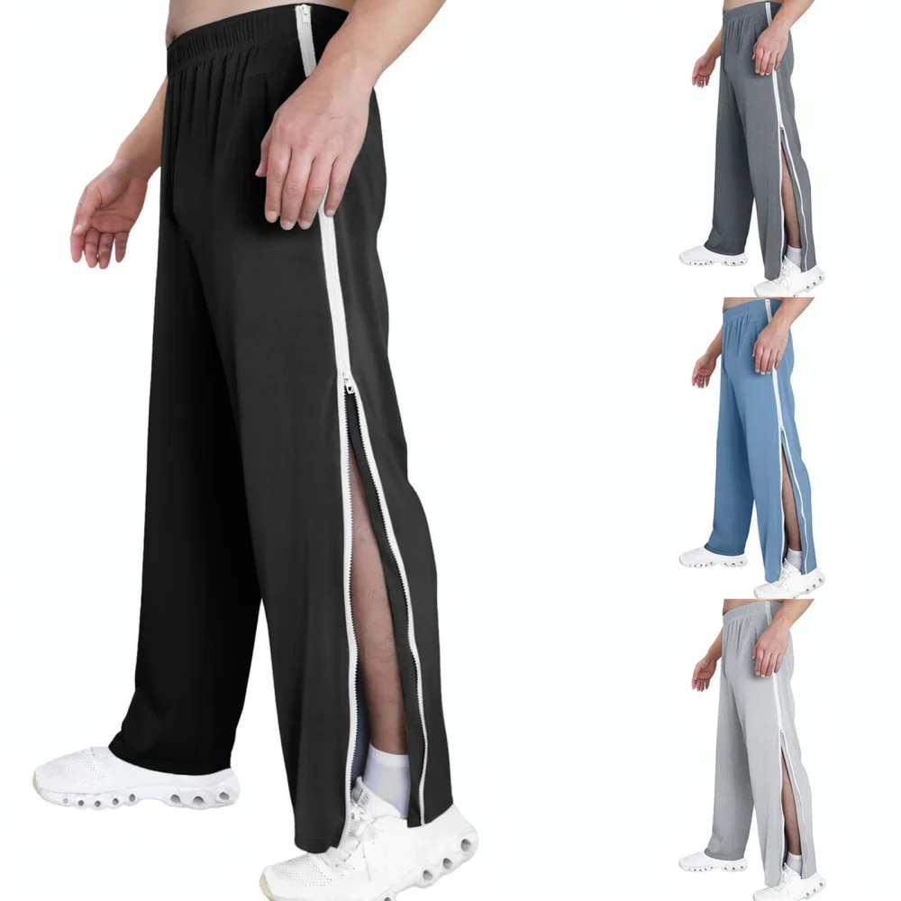 Mens Zipper Side Joggers Loose Sweatpants Casual Athletic Training Pants Comfortable Cotton Blend Sports Trousers Street Style