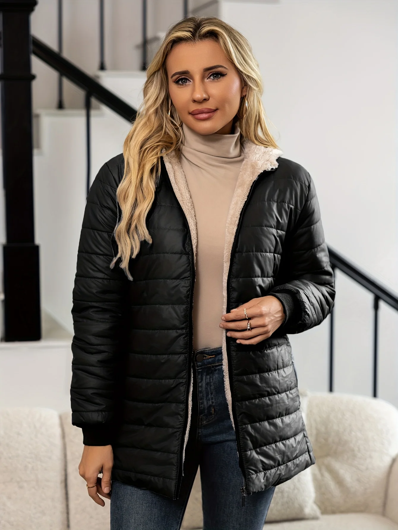 

Autumn and Winter New Mid Autumn Long Hooded Cotton Jacket with Fleece for Warmth, Women's Coat