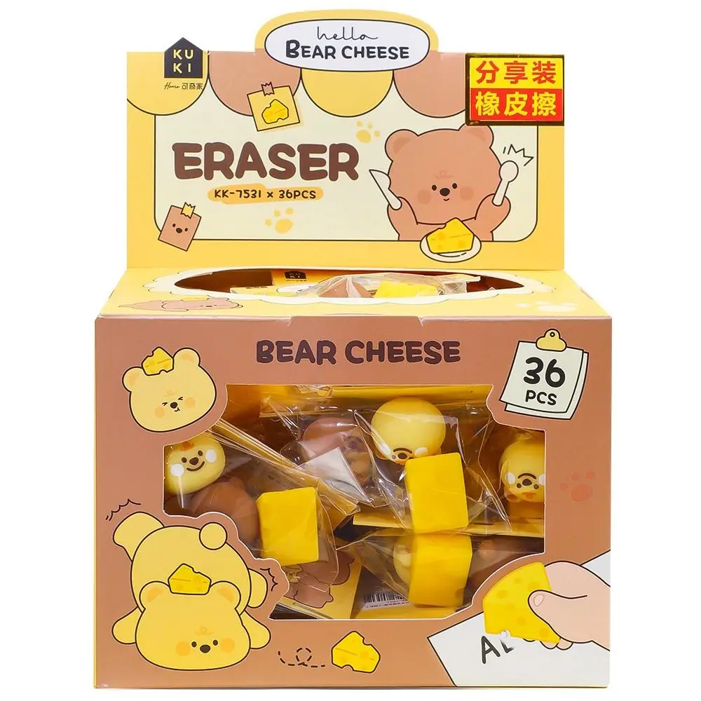 3Pcs/Bag Kawaii Cartoon 3D Shape Eraser Cute Cheese Bear Panda Fast Food Sharing Packing Mini Eraser Pencil Wiping Eraser