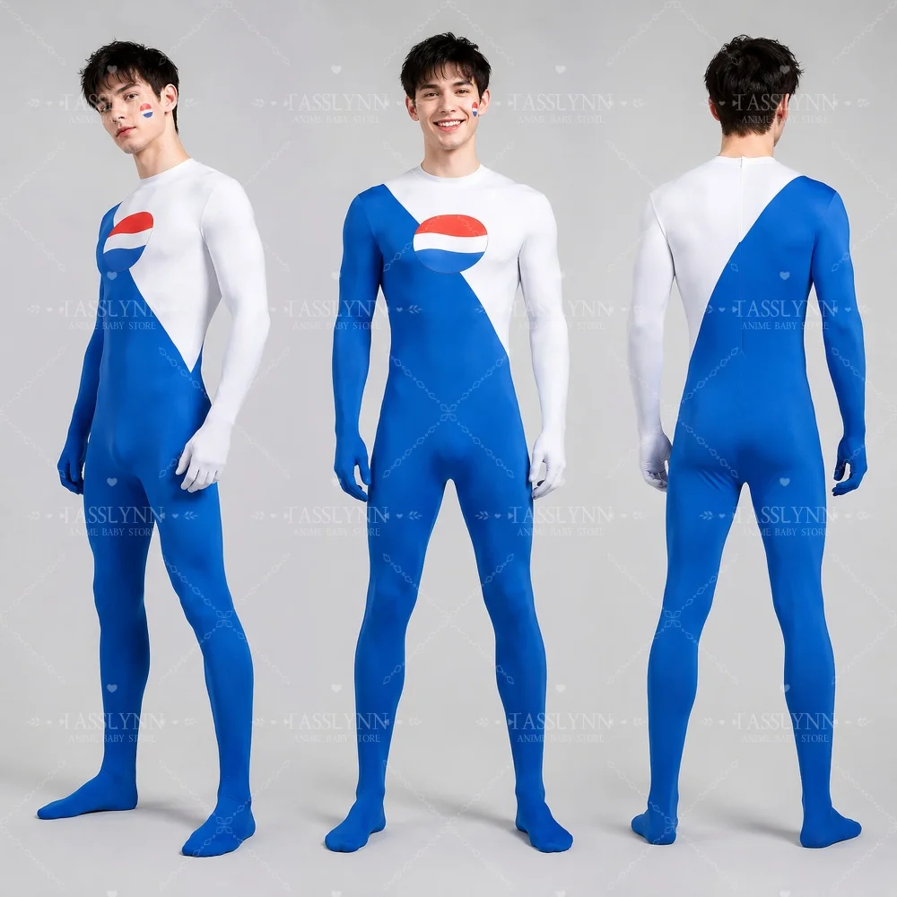 Disfraz de Cosplay de Pepsi Man, Traje Zentai Azul y Blanco con Logotipo Impreso, Disfraz Divertido para Hombre para Halloween y Comic Con