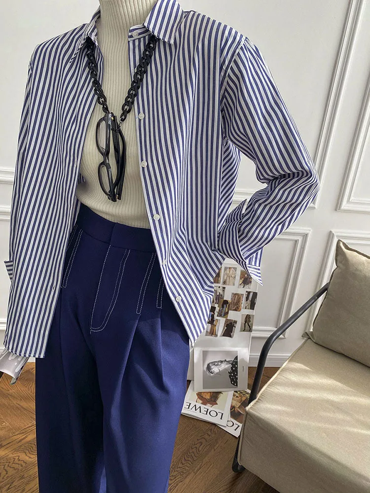 Casual Big Size Blue Striped Blouse New Women Lapel Long Sleeve Loose Fit Shirt Fashion Tide Spring Autumn 2022