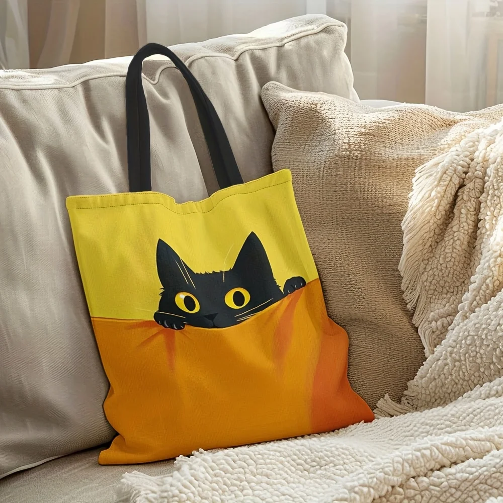 حقيبة حمل من البوليستر بتصميم قطة سوداء أنيقة قطعة واحدة - أصفر نابض بالحياة وبرتقالي، حقيبة تسوق كاجوال على الكتف #4