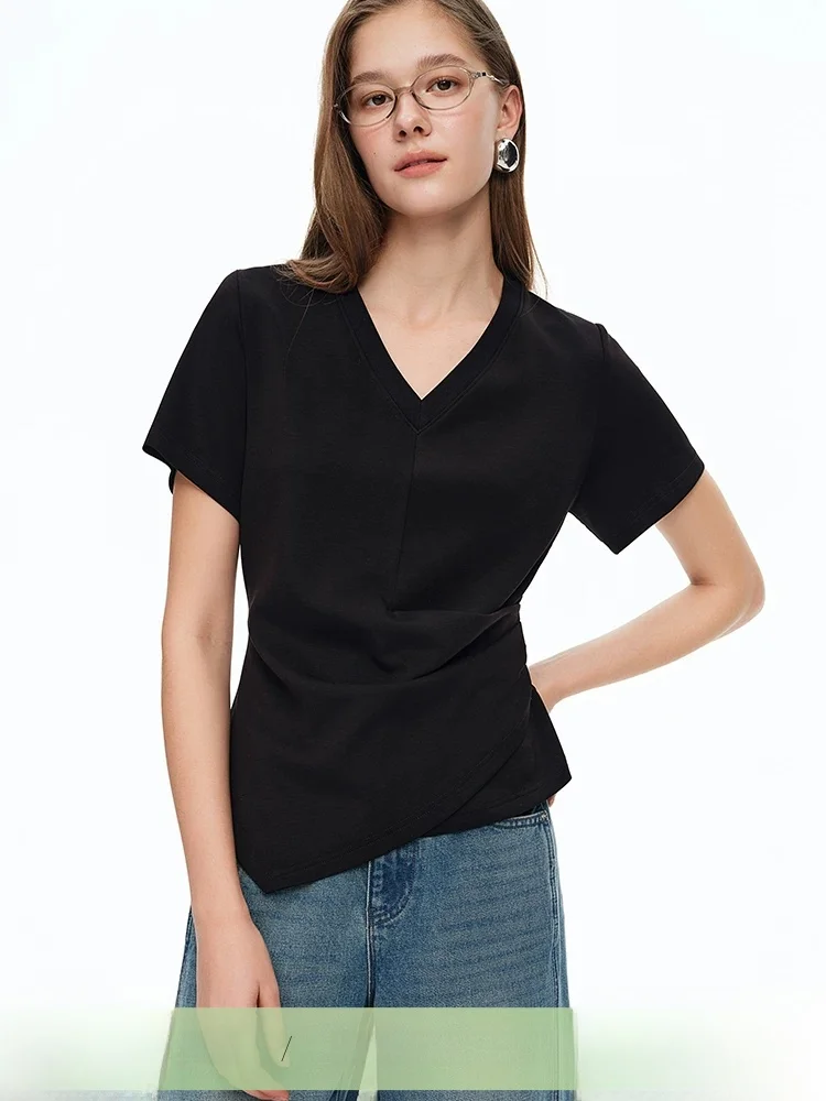

Женская футболка Slim Fit с V-образным вырезом и коротким рукавом, повседневная, с асимметричным дизайном и сборками на талии, новинка весенней коллекции, женский топ