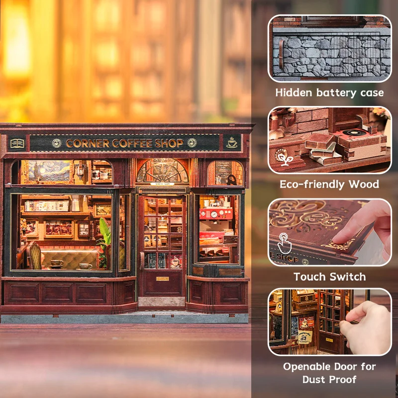 Cutebee livro de madeira nook casa de bonecas kit casa de boneca em miniatura booknook estante com luz led para berço loja de café