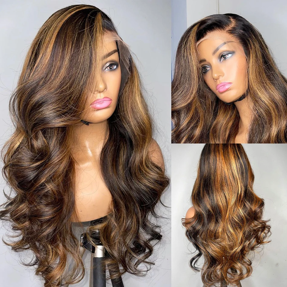 Highlight 13×6 Body Wave Wig Human Hair 13x4 HD Lace Wigs Colored Highlight Ombre Brown Human Hair 13X6 HD Lace Frontal Wig