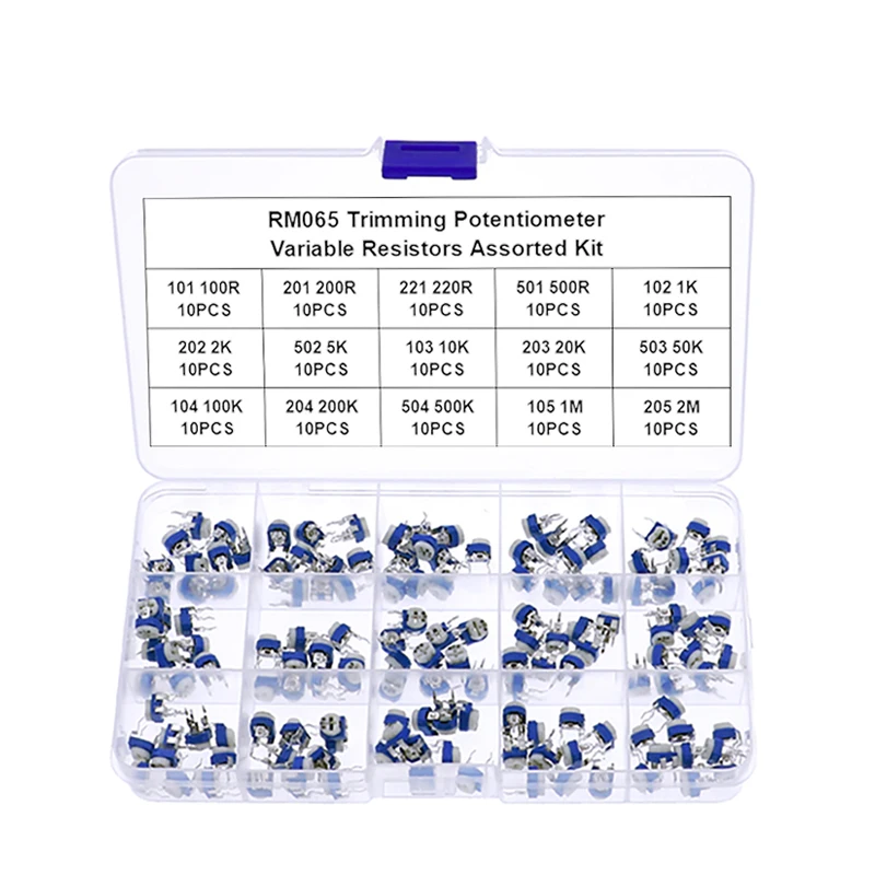 150 قطعة RM065 مقياس جهد التشذيب 100 200 220 500 1K 2K 5K 10K 20K 50K 100K 200K 500K 1M 2MΩ ، مقاومات متغيرة مجموعات متنوعة