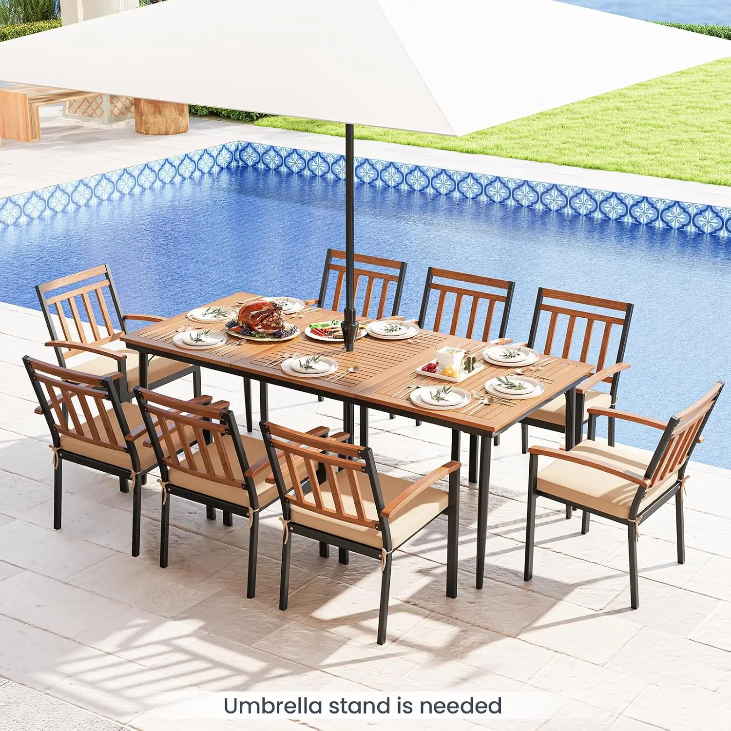 Outdoor Dining Table for 6-8 People, Rectangular Eating Table with 2 inch Umbrella Hole, Sturdy Metal Legs, Patio, Customized