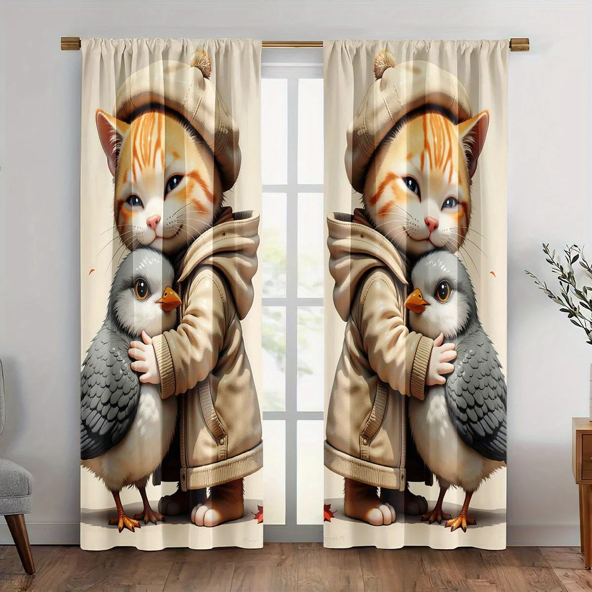 Cute Cartoon Cat and Bird Family Curtains Nursery Wall Drapes Printed Window Panel Decor Whimsical Animal Kids Room Home