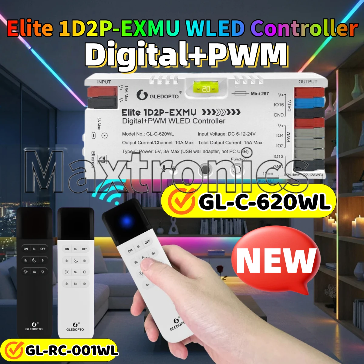 

Контроллер GL-C-620WL/RC-002WL Elite 1D2P-EXMU WLED со встроенным реле/предохранителем, Ethernet, Type-C для цифровых RGBIC PWM и одноцветных CCT-систем