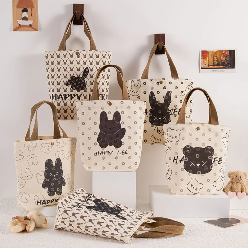 Portable Cartoon Handbag Large Capacity Canvas Bags Rabbit Bear Pattern Hand Tote Bag