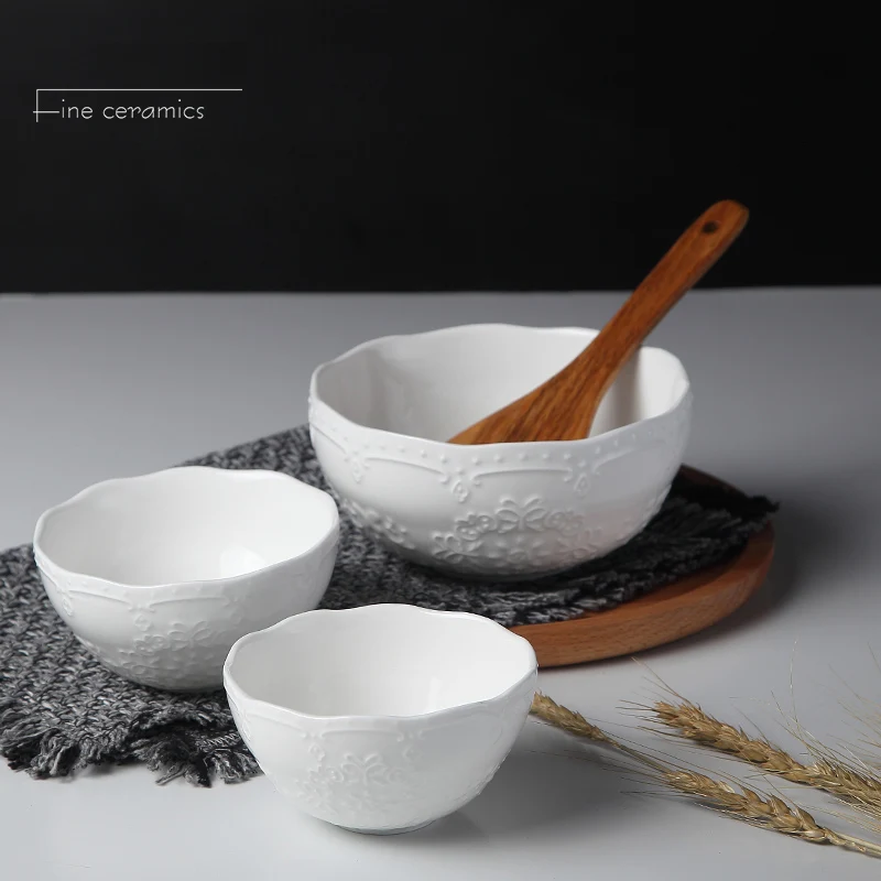 4/5/6inch, White Embossed Porcelain Salad Bowls, Ceramic Cooking Food Bowl, Japanese Rice Bowl , Kitchen Food Container, Small