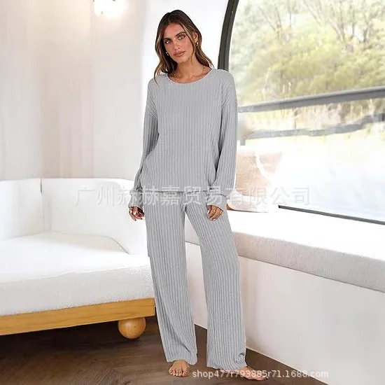 

2025 Bestselling Autumn Knit Long Sleeve Pullover Set Winter Casual Knitted Long Pants Suit Women Loungewear Two-Piece Set