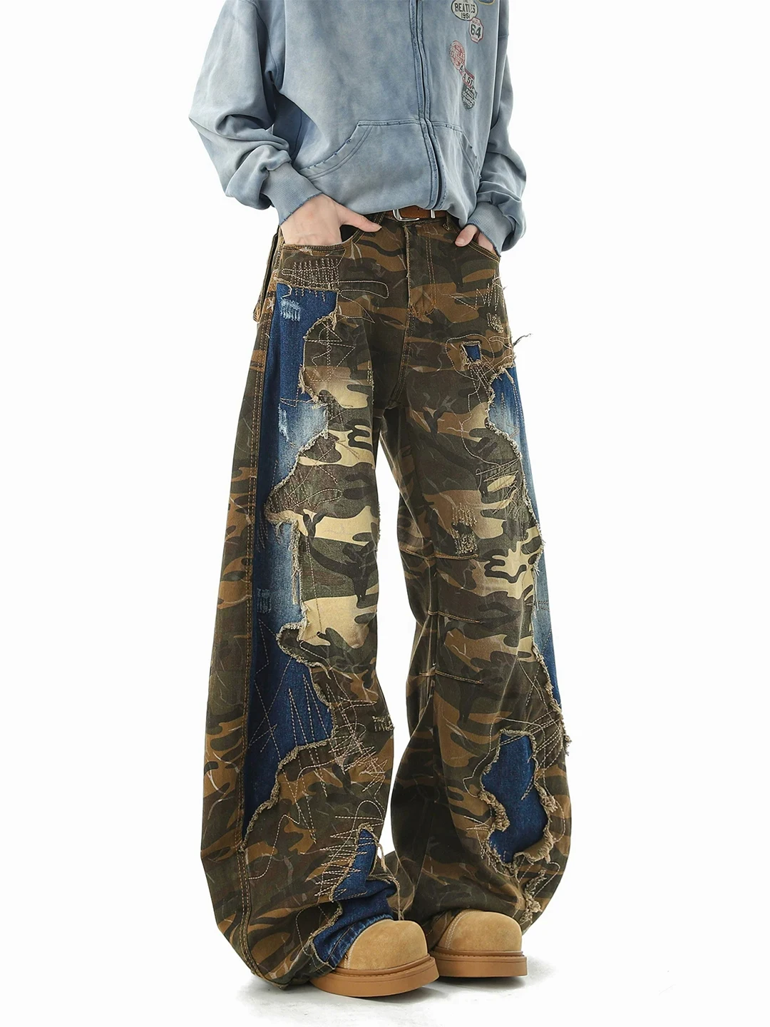 Calças Jeans Camufladas Estilo Apocalíptico Americano High Street com Retalhos Desgastados e Perna Larga Solta para Homens e ...