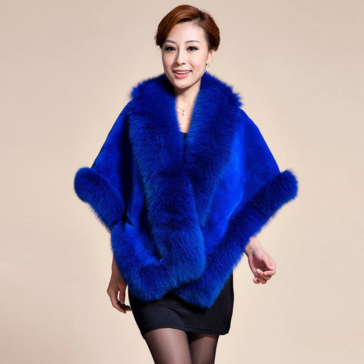Genuine Leather Rabbit Fur Shawl With Fox Fur Collar Women's Genuine Leather Fur Shawl New Arrival Shawl For Women