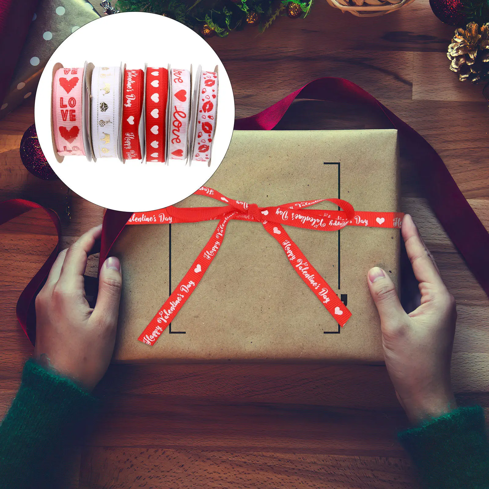 

6 Rolls Colorful Heart Shaped Ribbon Valentine's Day Supplies Gift Box Wrapping Ribbon Smooth Texture Not Easy to Wrinkle Tear