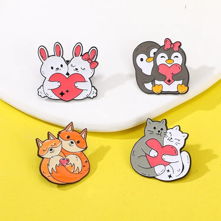 1 Stück Kreatives BFF-Valentinstags-Tierabzeichen Niedlicher Pinguin Katze Hase Fuchs Cartoon-Brosche Kleidungsanhänger-Brosche – Detail 3