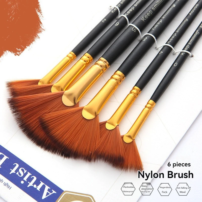 6Pcs Nylon Bristle Brush Set, Nylon Sector Brushes, Watercolor Brushes, Oil Paint, Artists, Amateur Acrylic Painting