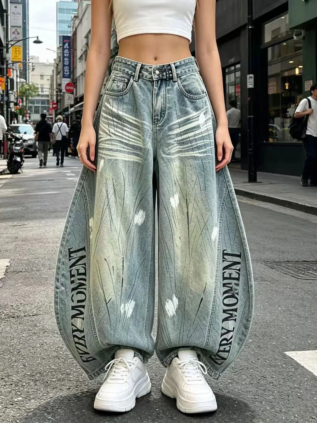 2026 New American Retro Letter Print High Waist Slim Straight Leg Wide Leg Long Jeans Women's Denim Pants Commute Style