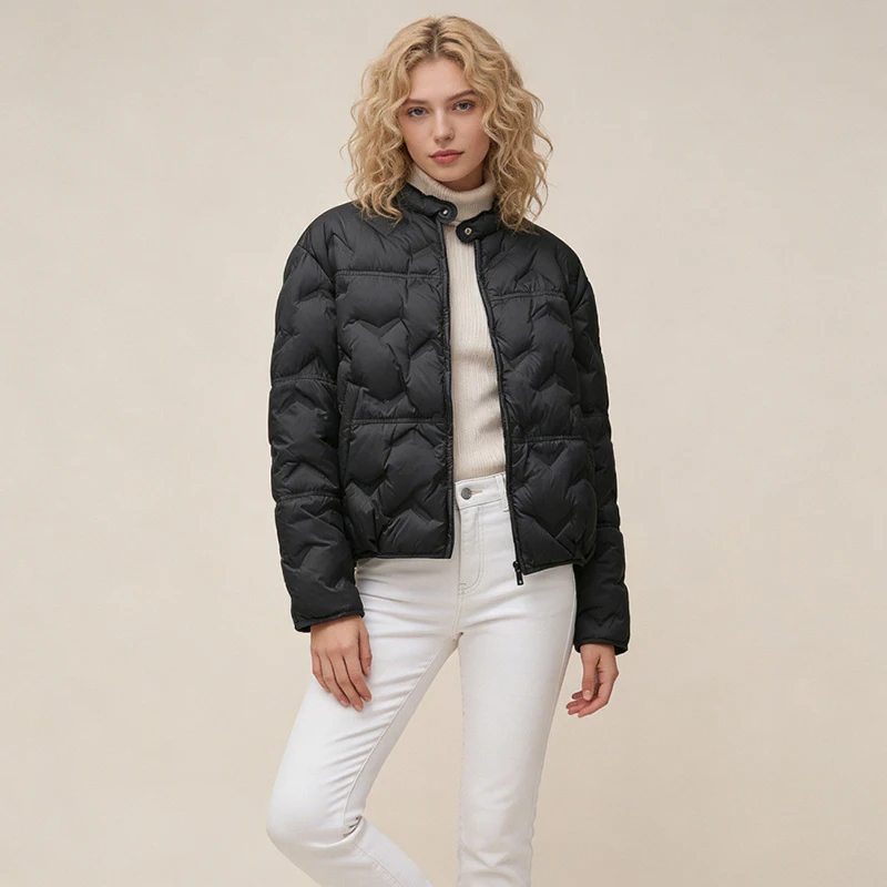 Schinteon Women White Duck Down Lightweight Puffer Quilted Jacket Stand Collar Fashion Autumn Winter Short Coat 2026 New