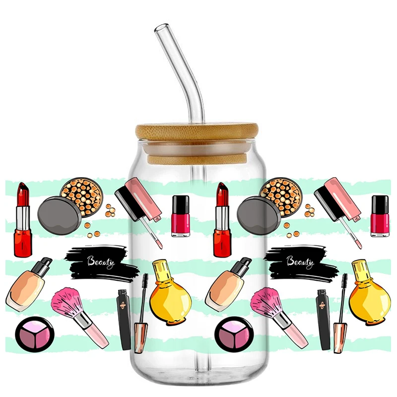popular cosmetics pattern UV DTF transfer Sticker For 16oz Glass Cups Wrap Custom Labels DIY Logo Waterproof 3d sticker decor