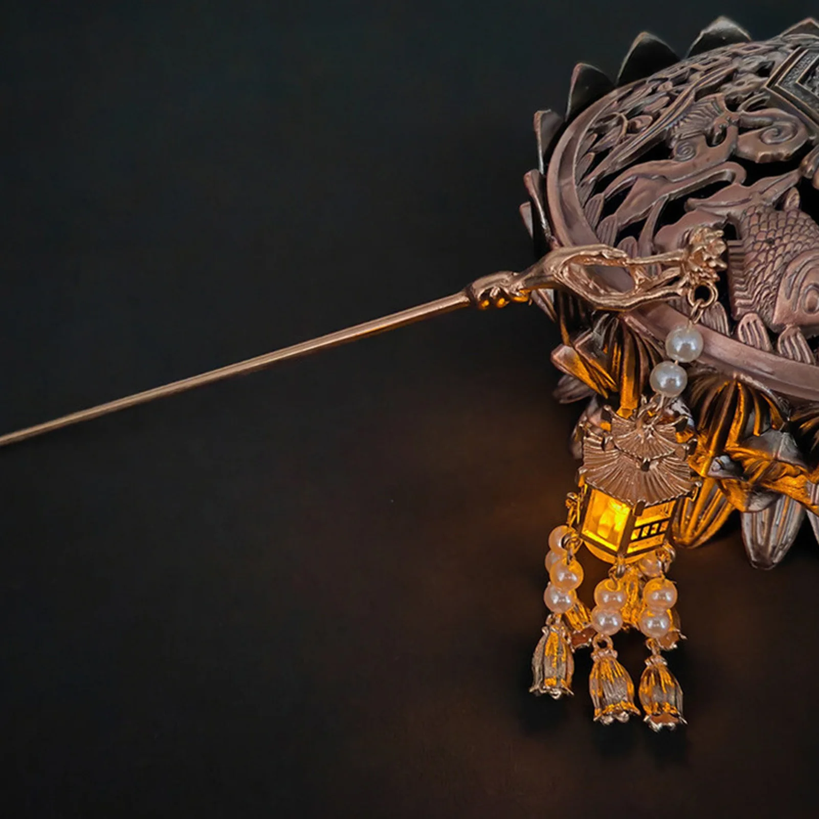 Retro Chinese Style Luminous Palace Lantern Tassel Hairpin Pavilion Pendant Lamp Hair Stick Women Antique Hanfu Headdress Gifts