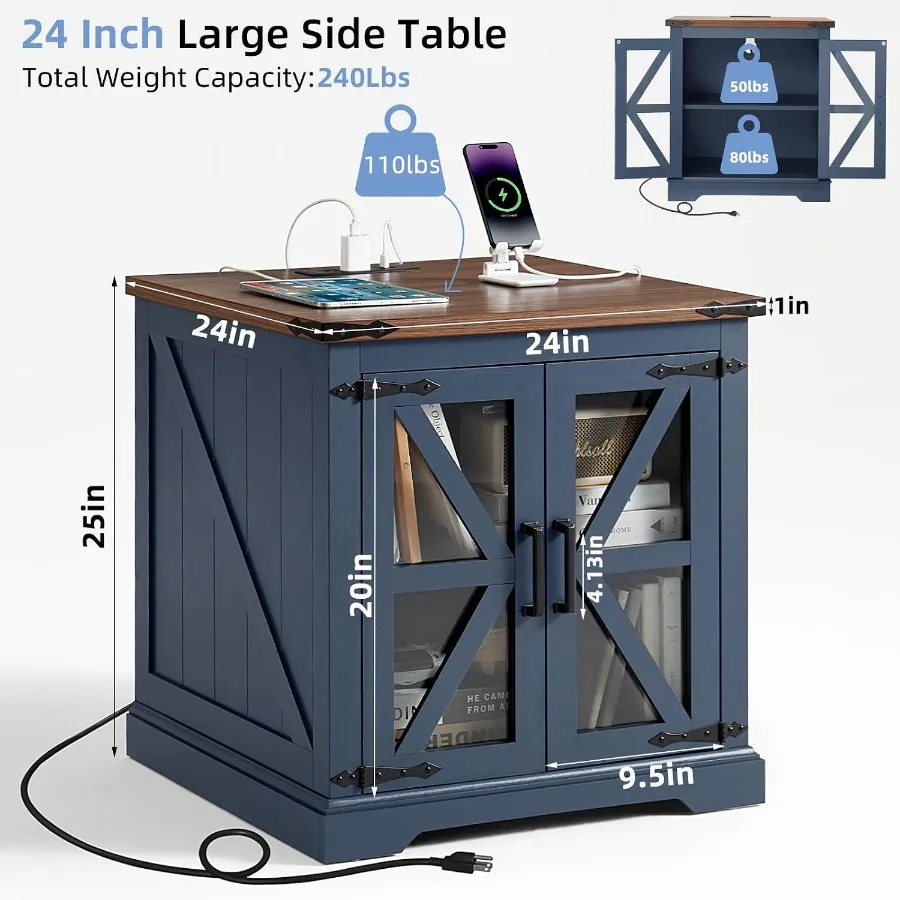 24'' End Table with USB Charger for Living Room, Wood Finish, Natural Brown, Built-in Charging Ports