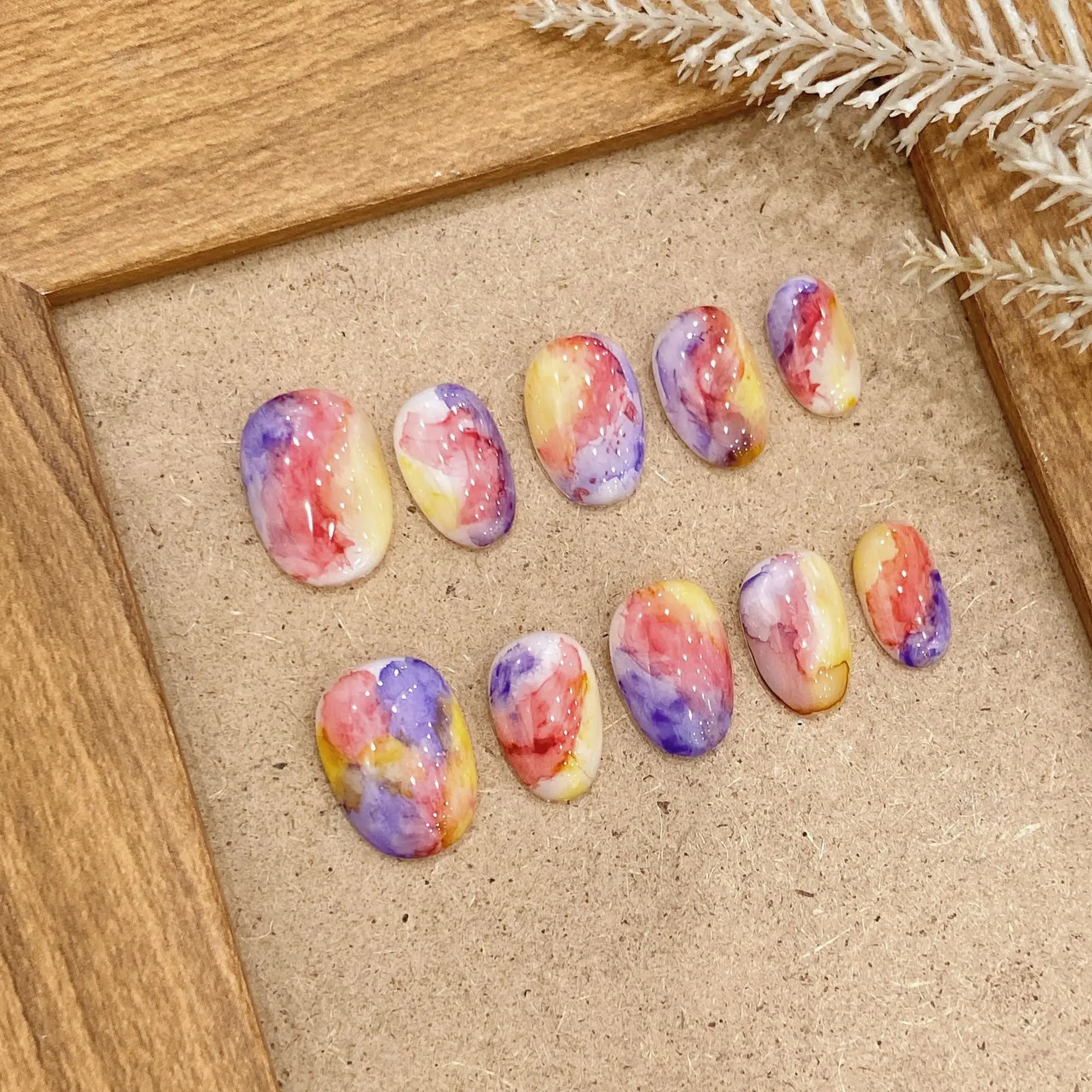 Uñas postizas hechas a mano, Juego de puntas de uñas de color con diseño de almendra, cubierta completa acrílica