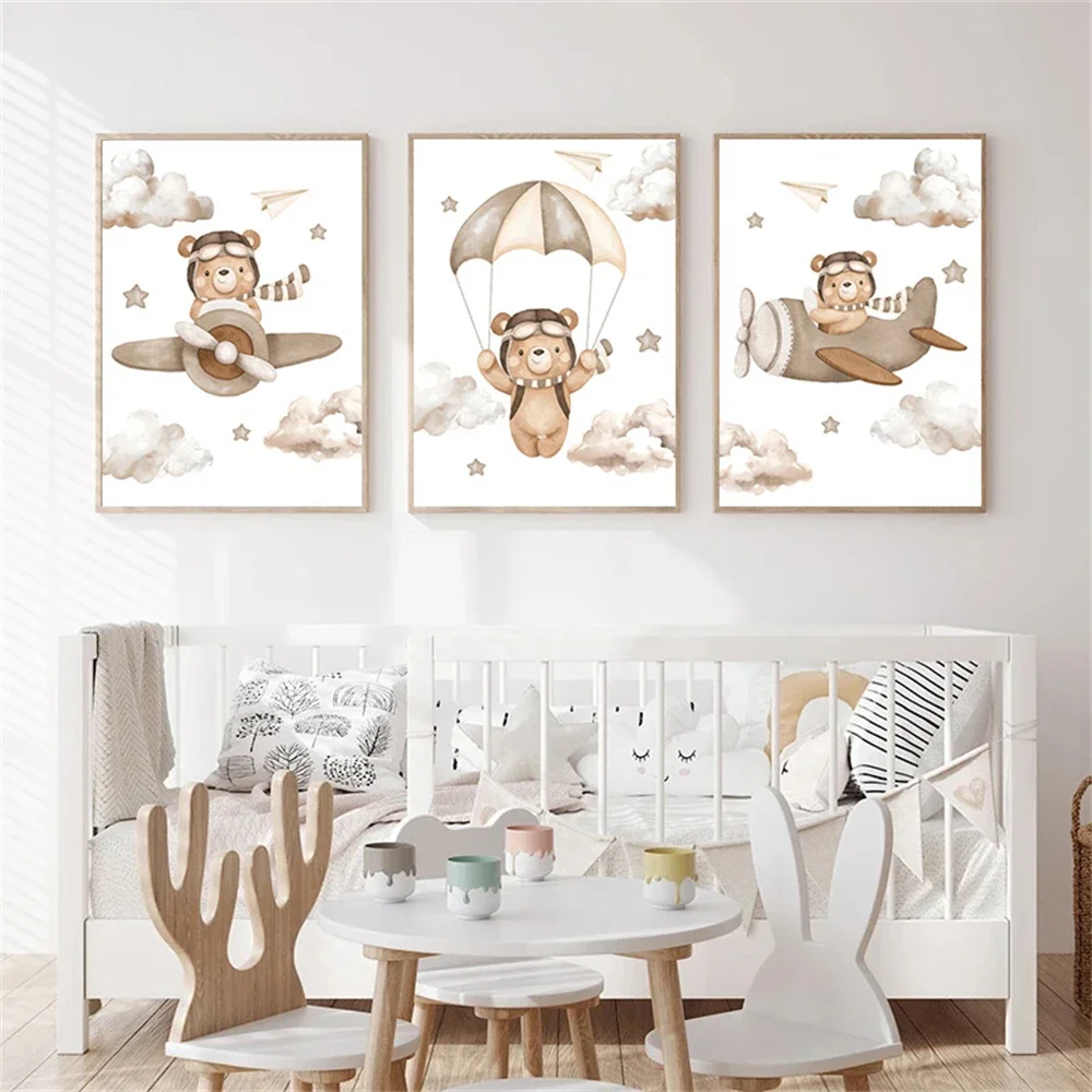 Cartoon Pilot Poster Kawaii Bear Canvas Painting Parachute Wall Art Print Nursery Posters Nordic Wall Pictures Living Room Decor