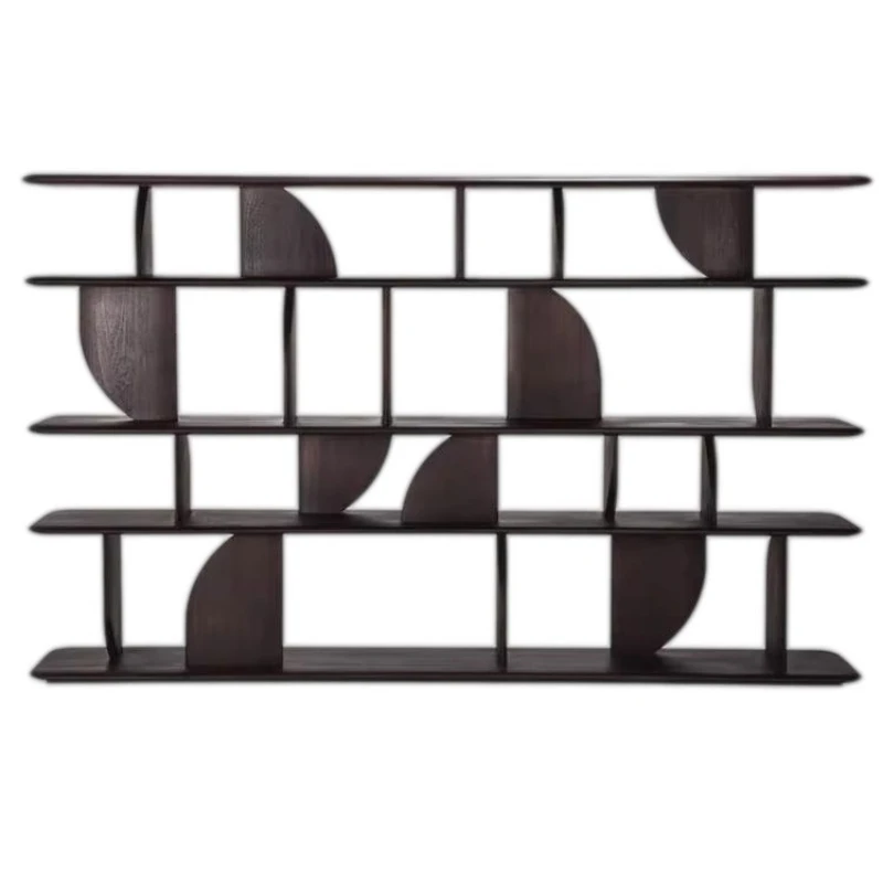 

Solid wood, black floor-to-ceiling wabi sabi bogu Nordic bookcase, showing the living room Duobao grid screen