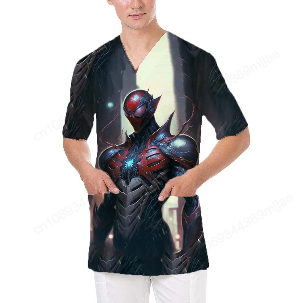 Summer New Men's T-shirt Fashion V-neck Design Double Pocket Men's Top Marvel Cartoon Printed Pattern Casual Comfortable T-shirt