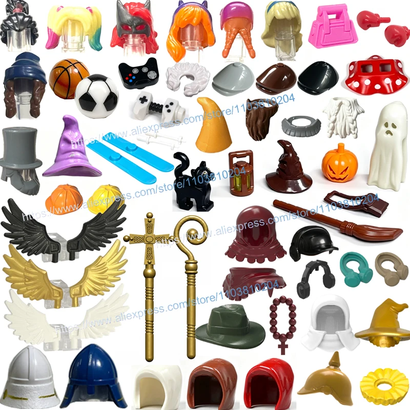 Image of MOC Bausteine Zubehör Figuren Kopfbedeckung Bart Kapuze Hut Frisuren Hexe Bauer Ritter Helm Bausteine Spielzeug Kinder Geschenk E13