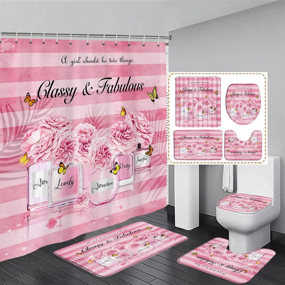 High Fashion Bathroom Shower Curtain and Rug Set Titan Perfume Bottle High Heels Gowns Titan Luxury Bath Curtains Bathroom Decor