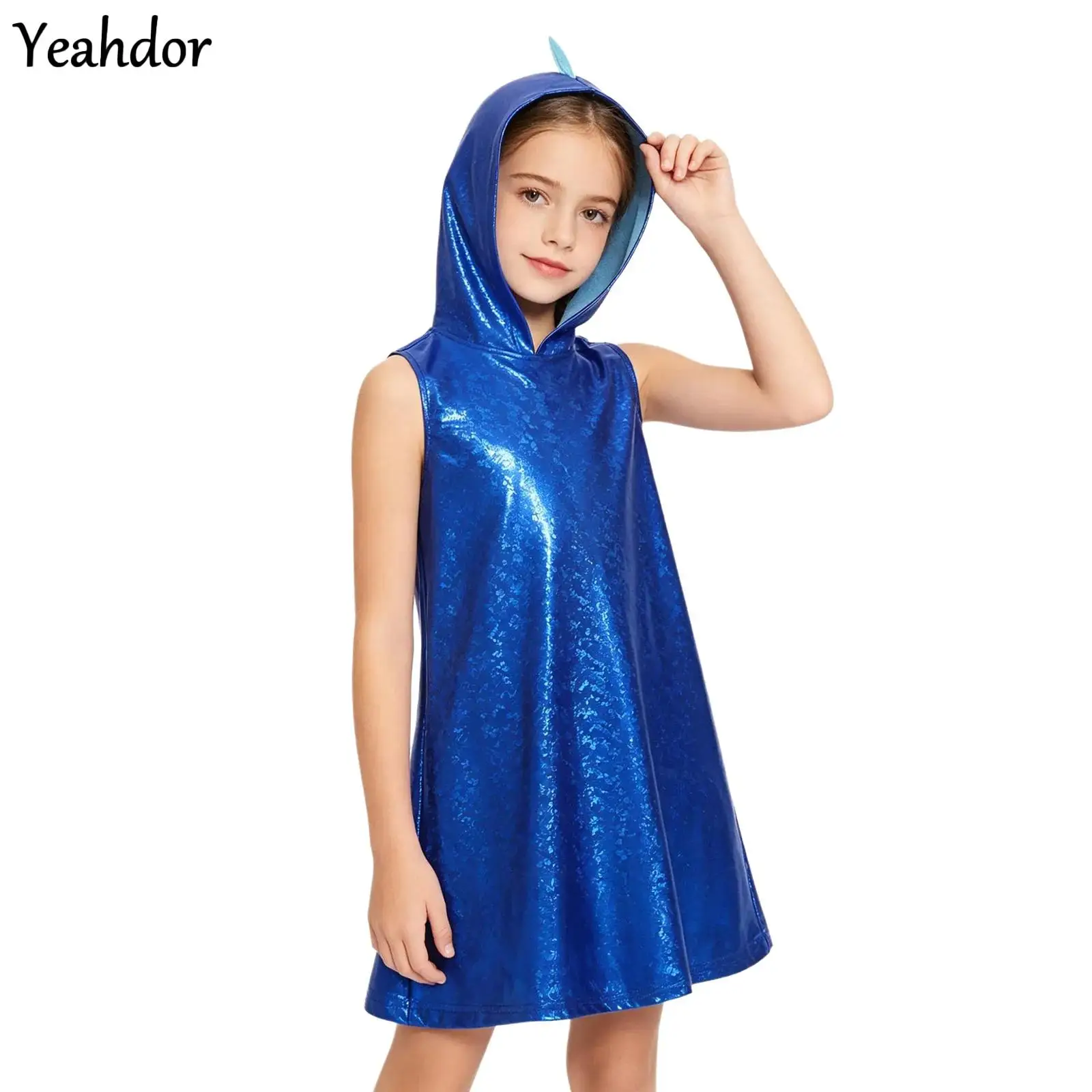 

Girls Dinosaur Dress Cosplay Costume Metallic Gloss Sleeveless Hooded 3D Tail Design Dress Halloween Animal Performance Clothes