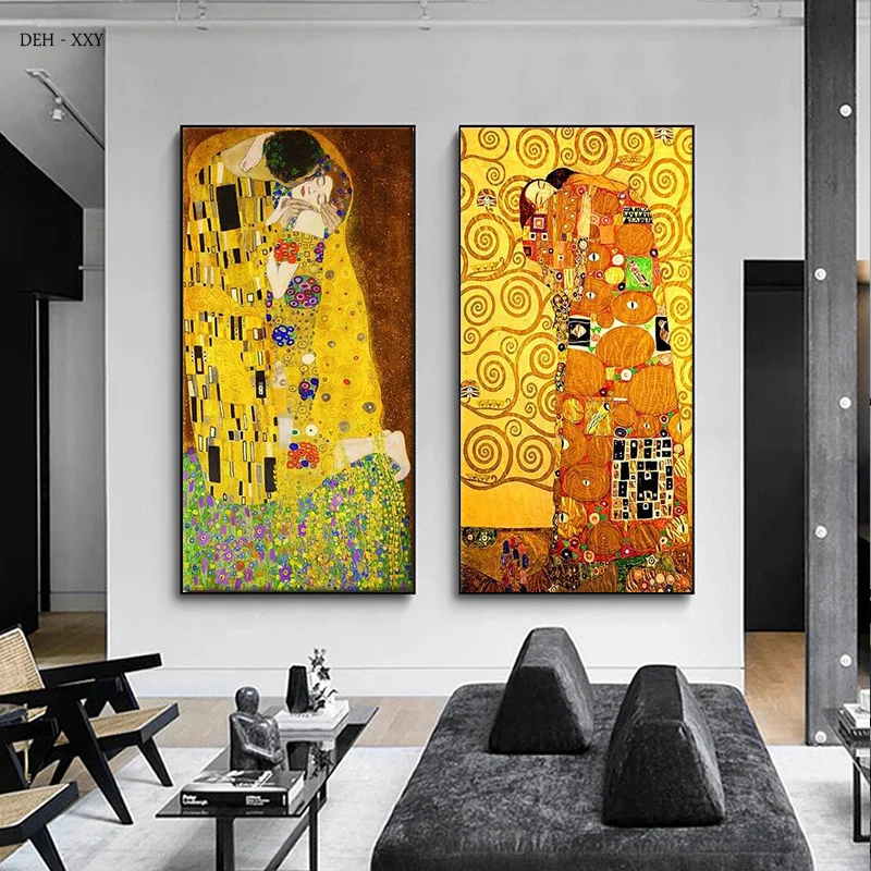 Gustav Klimt pintura famosa clásica pareja abrazando y el beso lienzo pintura al óleo impresiones carteles para decoración de sala de estar