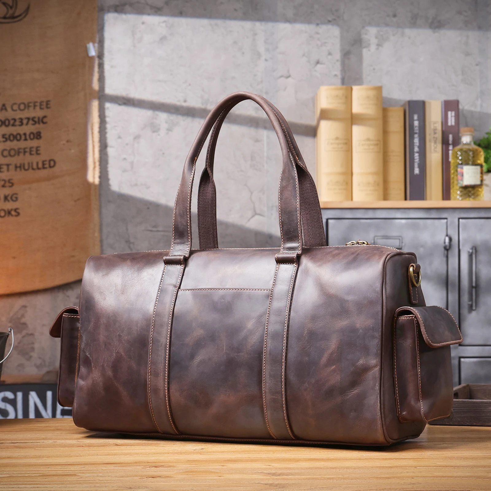 S.WORKER Große Kapazität Echtleder Vintage Rindsleder Reisetasche Weekender Herren Reisetasche Sporttasche Retro-Stil – Detail 19