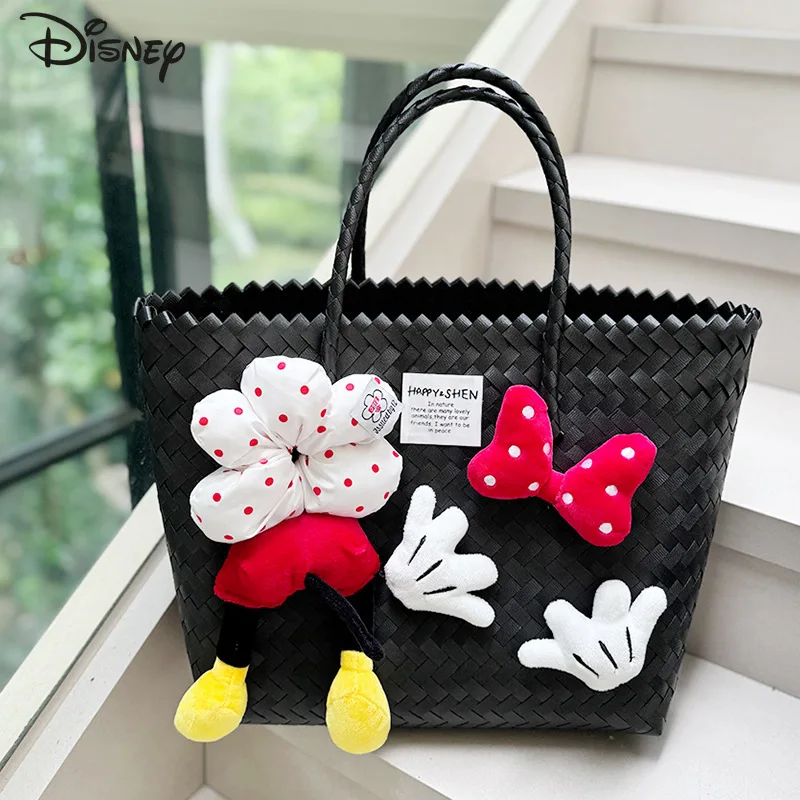 Disney Mickey Minnie Shoulder Bag Fashion Weaving Large Capacity Straw Plastic Weaving Beach Bag Handbag Vacation Outdoor Use
