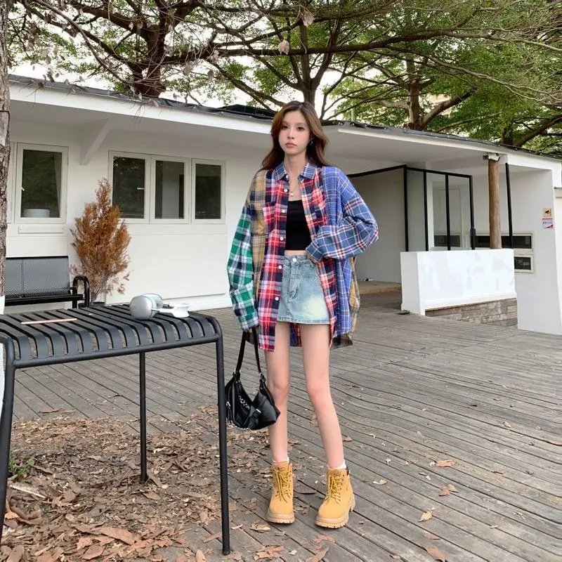 2023 New Arrival Autumn Women Loose Fit Casual Turn-down Collar Long Sleeve Blouse Plaid Patchwork All-matched Shirts D583