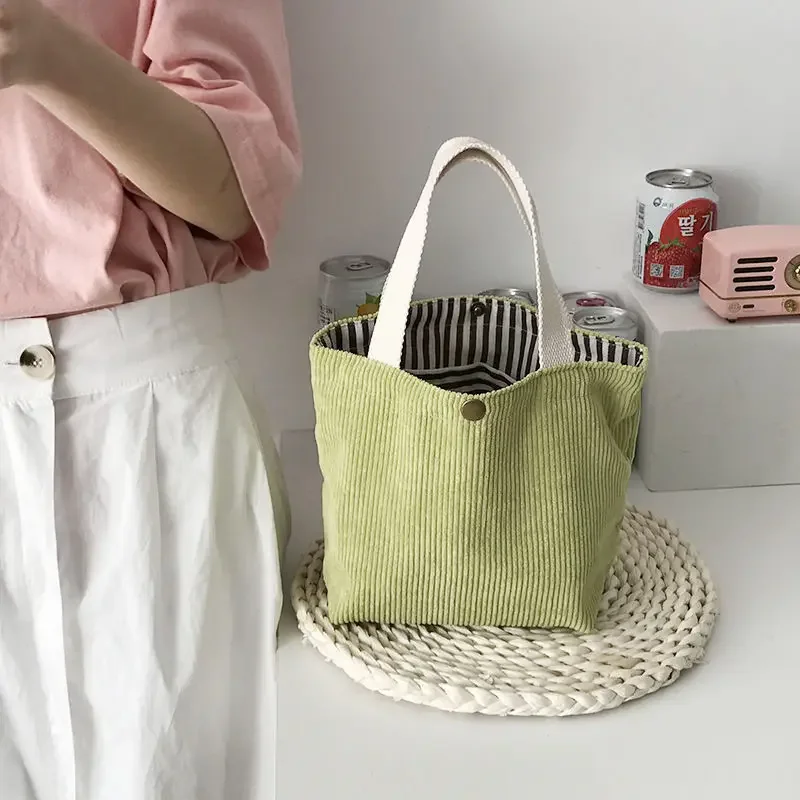 Fiambrera portátil para mujer, bolso de pana suave y elegante, de colores sólidos, para caminar y viajar