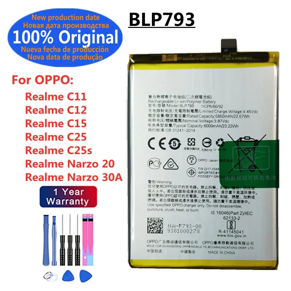 6000mAh Original BLP793 Battery For Oppo Realme C11 C12 C15 C25 C25s Narzo 20 / Narzo 30A Phone Battery Batteries + Free Tools